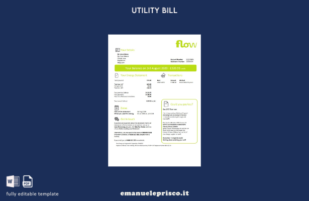 stile verificato Modello di bolletta delle utenze Flow Energy del Regno Unito